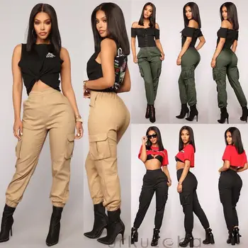 

2019 Women New Casual Cargo Pants Military Combat Leggings Jogging Pencil Trousers