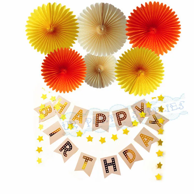 

1 Set Happy Birthday Bunting Banner Garland with Tissue Paper Fans Ivory/Orange/Yellow Pinwheels for Birthday Decoration