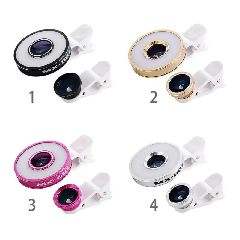 

6 in 1 Universal Phone Camera Lens 0.65X Wide Angle +185 Degrees Fisheye +10X Macro +12 LED Flash Light Lens for Smartphone