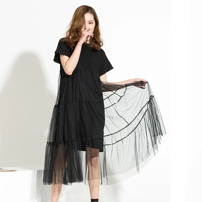 [EAM] autumn Trend New Large Size Long Big Size Net Yarn Spliced Black O-neck Short Sleeve Sexy mesh Dress Woman 5XL 3361