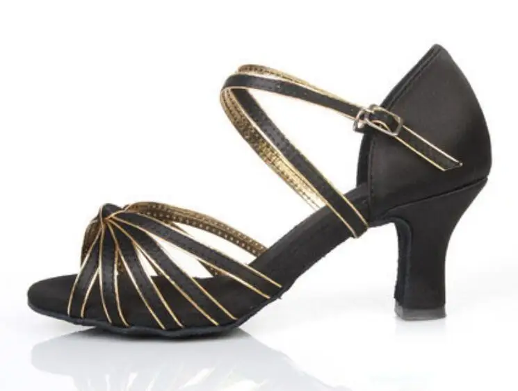 Женская танцевальная обувь для танго/бальных/латинских танцев; профессиональная танцевальная обувь на каблуке для сальсы; женская обувь для латинских танцев 7 см; A02D - Цвет: black gold   7cm