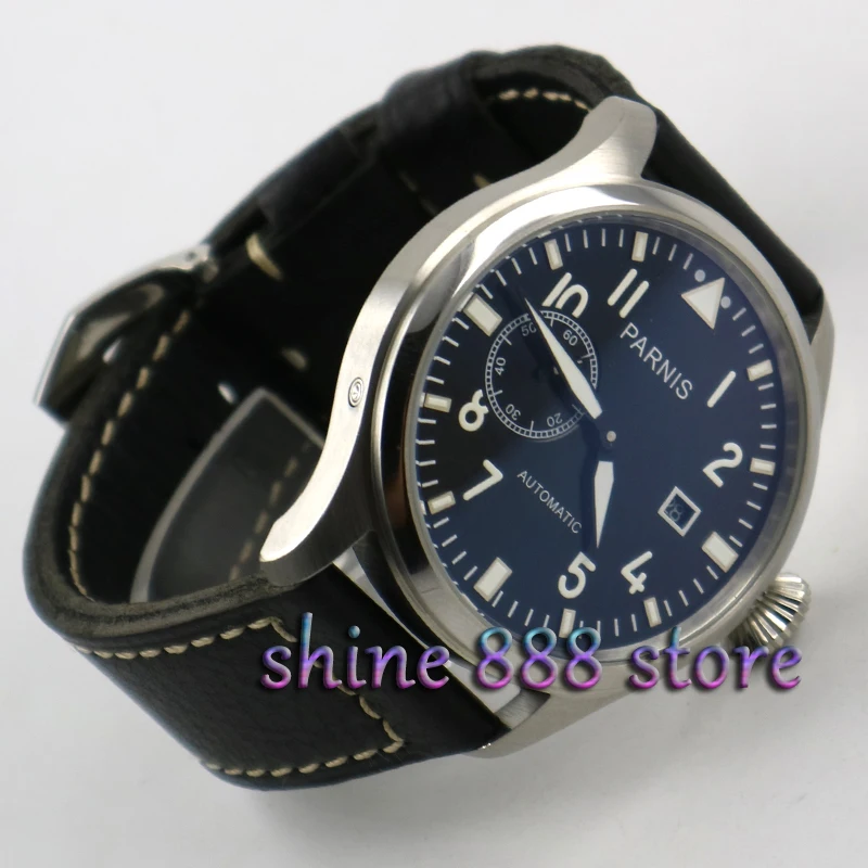 

47mm parnis black dial date adjust ST 2555 black leather strap movement automatic mens watch