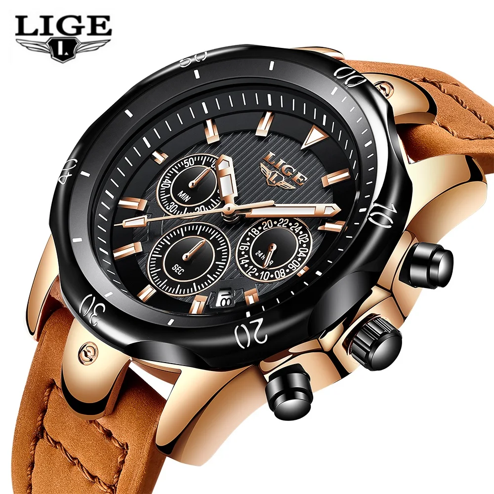

LIGE Luxury Brand Mens Watches Fashion Casual Quartz Watch Men's Leather Military Waterproof Gold Sports Watch Relogio Masculino