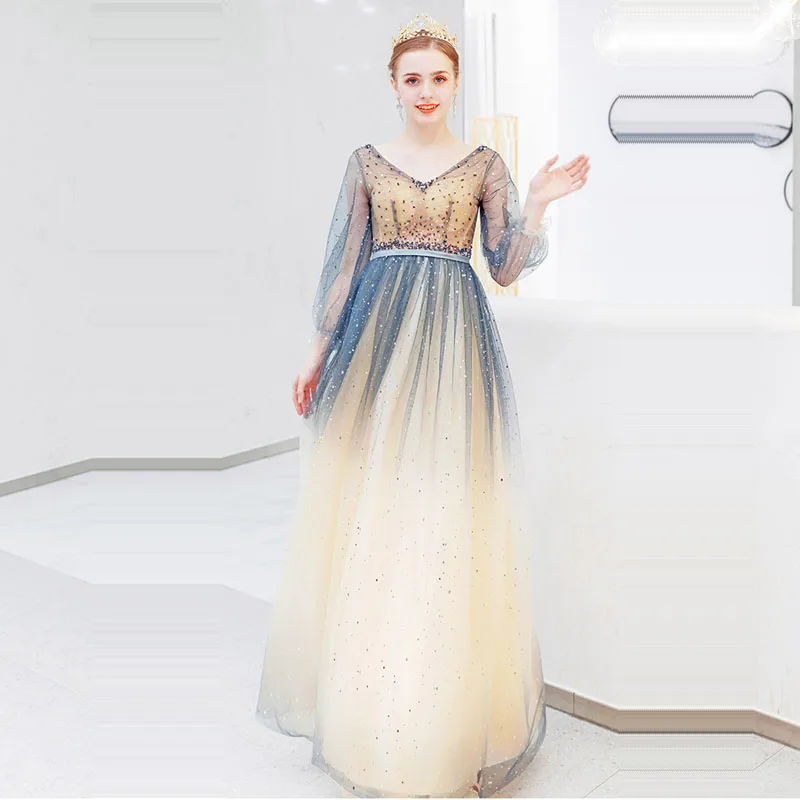 

Evening Dresess Sexy V-neck Women Party Dress 2019 Beading Plus Size Backless Robe De Soiree Long Sleeve Evening Gowns E625