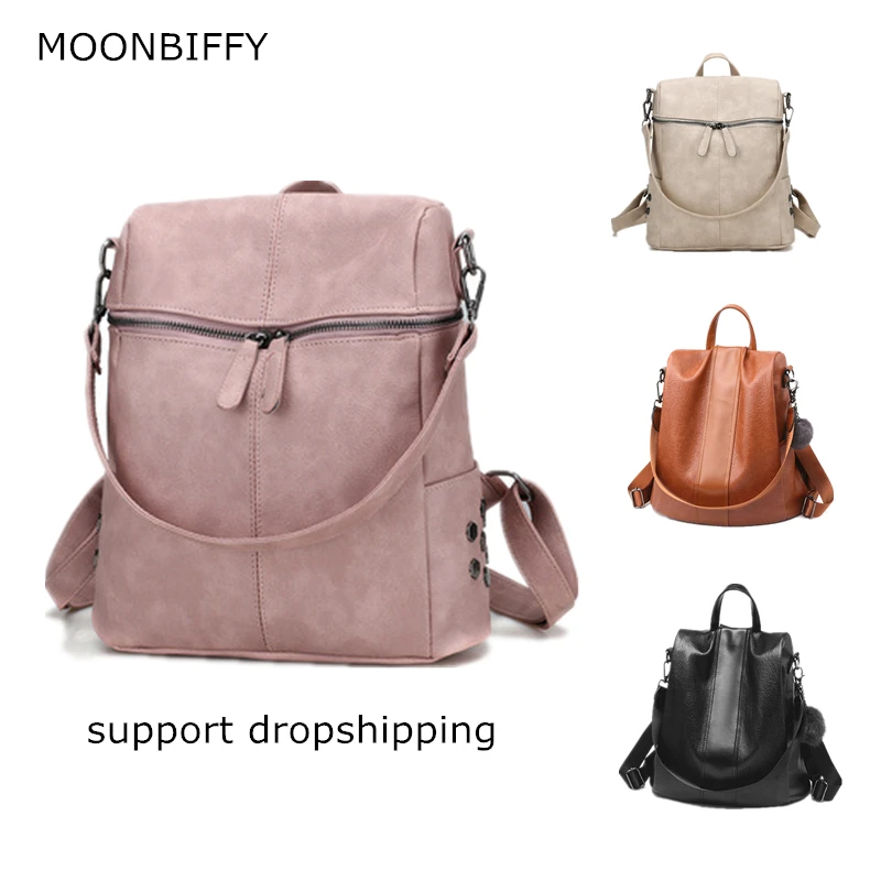

Simple Style Woman Anti Theft Leather Backpacks Large Capacity Teenagers School Bags Fashion Vintage Solid Shoulder Bag Youth