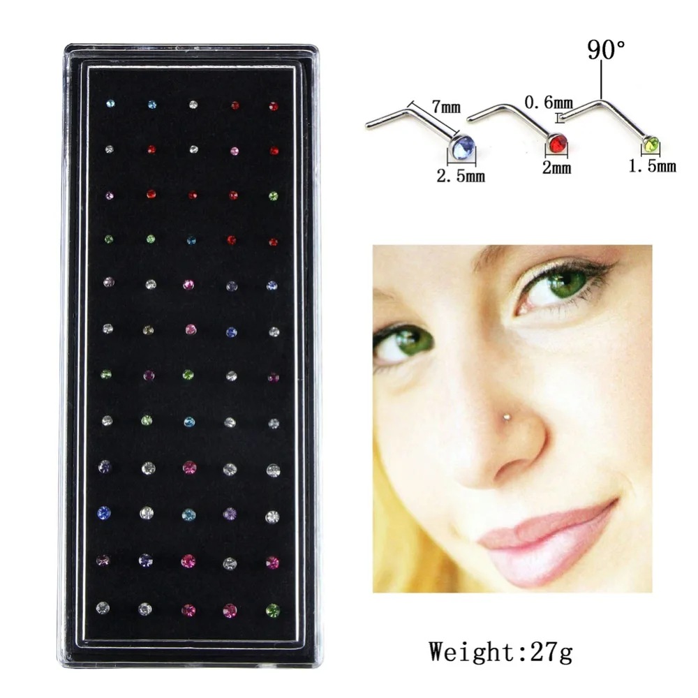 

1.5/2/2.5mm Crystal Nose Ring Charm 60pcs/set Stainless Steel CZ Crystal L Shape Nose Ring Body Piercing Stud #281670