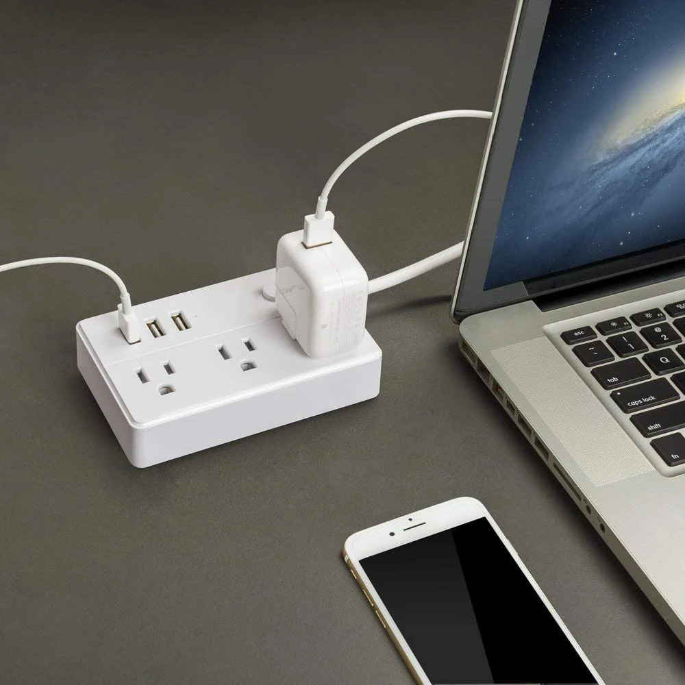 portable power strip with 3 outlet surge protector and 3 USB charging ports for bedside table, desktop, home, office, travel