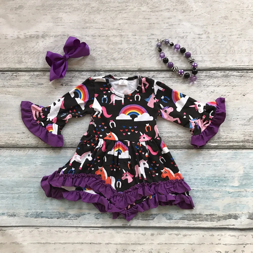 spring girls baby kids clothes ruffles rainbow cotton unicorn purple lace dress boutique flare sleeve matching
