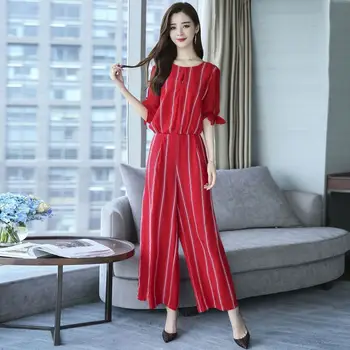 

New Spring Summer Women Casual Two Pieces Set Female Blouse + Wide Leg Pants Sets Ladies Vintage High Quality Chiffon Suits F42