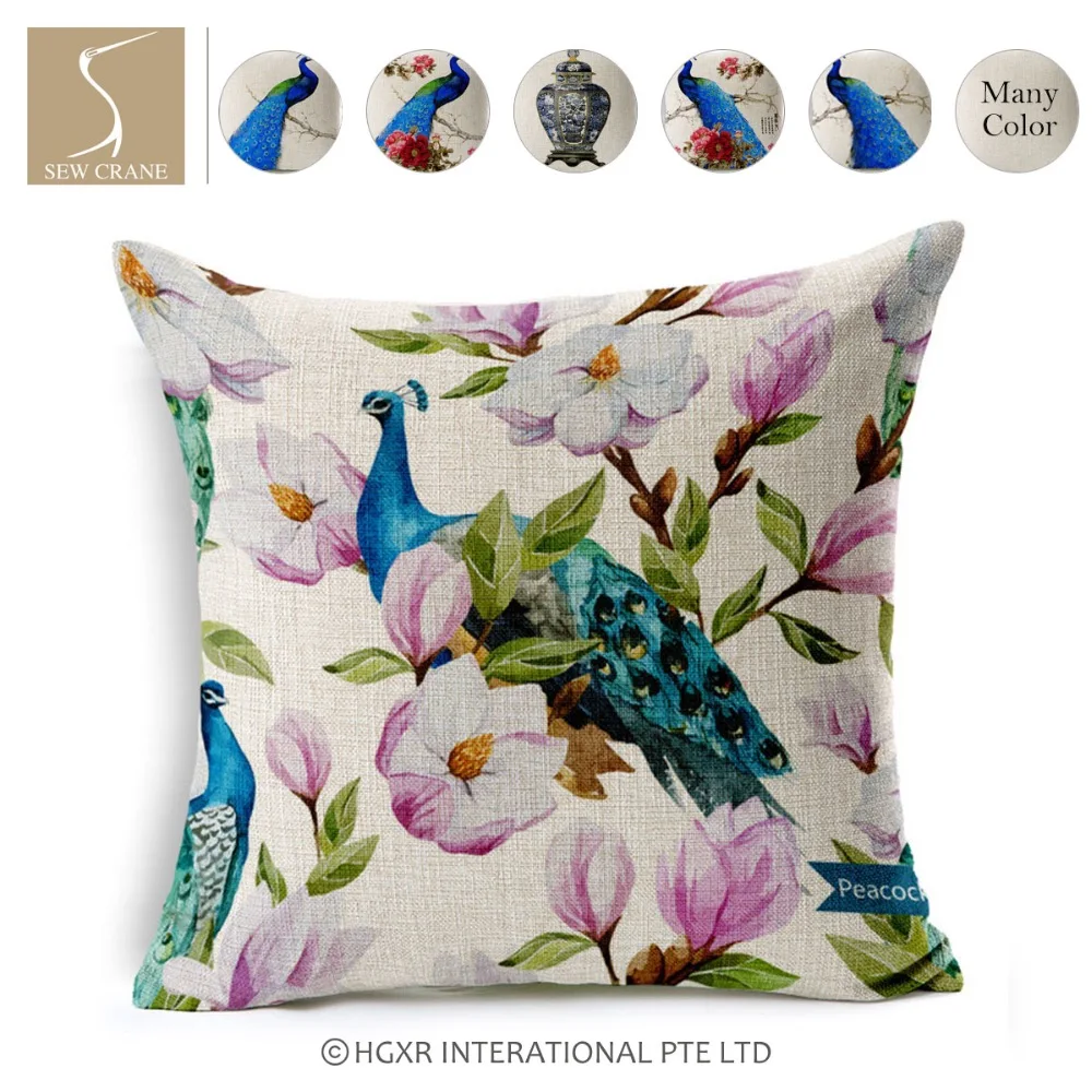 SewCrane Blue Peacock Cotton Linen Square Decorative Throw Pillow Case