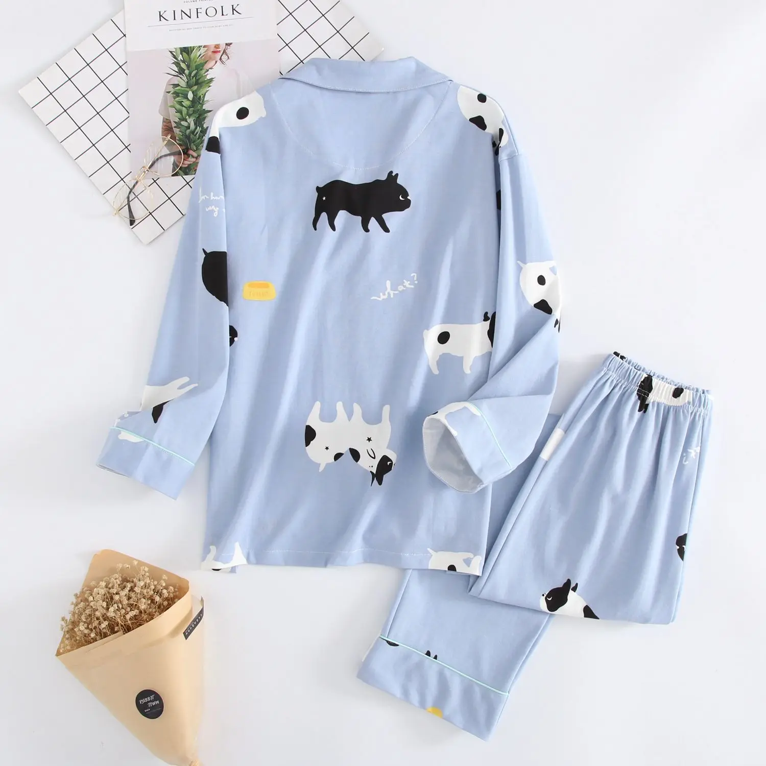 New Cute dogs sleepwear women pajamas sets spring knit cotton long-sleeved homewear female nightgown women pyjamas