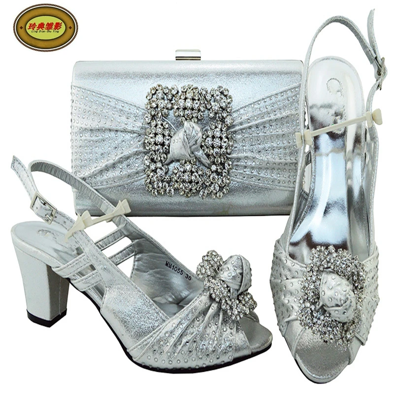 

MM1055 Silver Latest Upscale African Shoes Woman And Bags With Stone Fashion Shoes High Heels Pumps With Purse Free Shipping