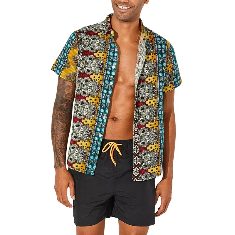 MJARTORIA Men's Retro Beach Shirt Fashion Floral Print Short Sleeve Casual Button Down Ethnic Style Shirt