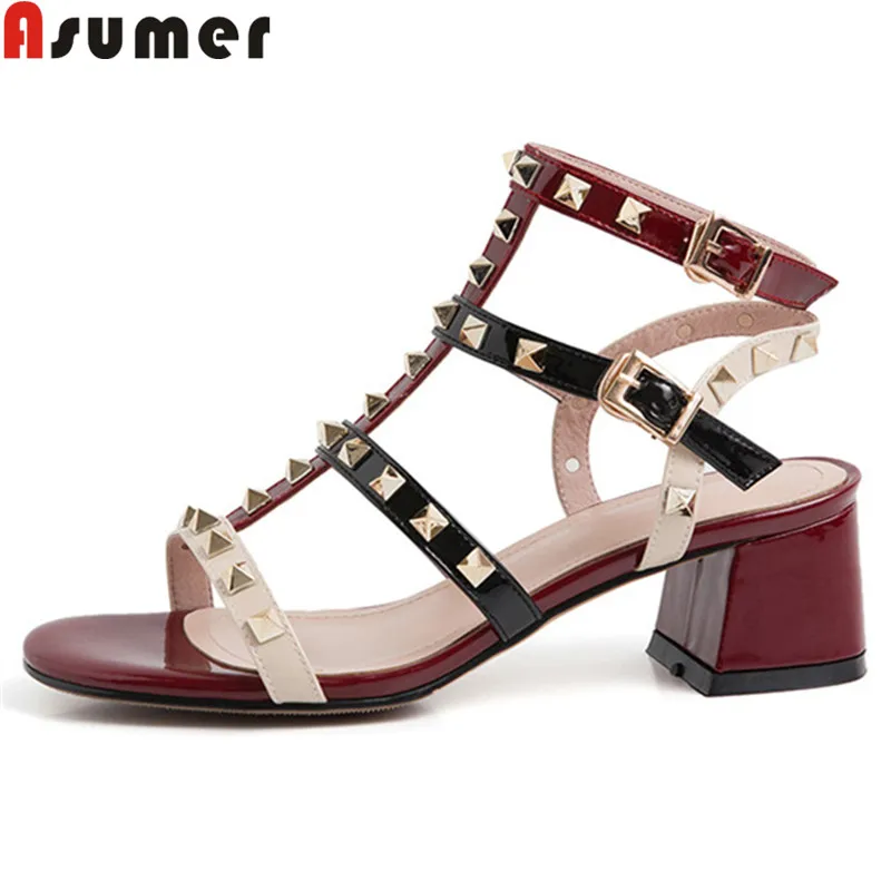 

ASUMER 2019 new summer sandals bckle high heels shoes mixed colors ladies prom shoes rivet cow patent leather women sandals