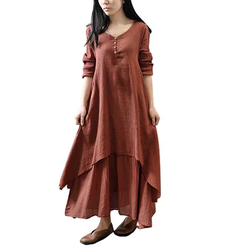

Fake Two piece Dresses With Summer Ladies Pure Women's Loose Long Cotton Linen Button Sleeve Color
