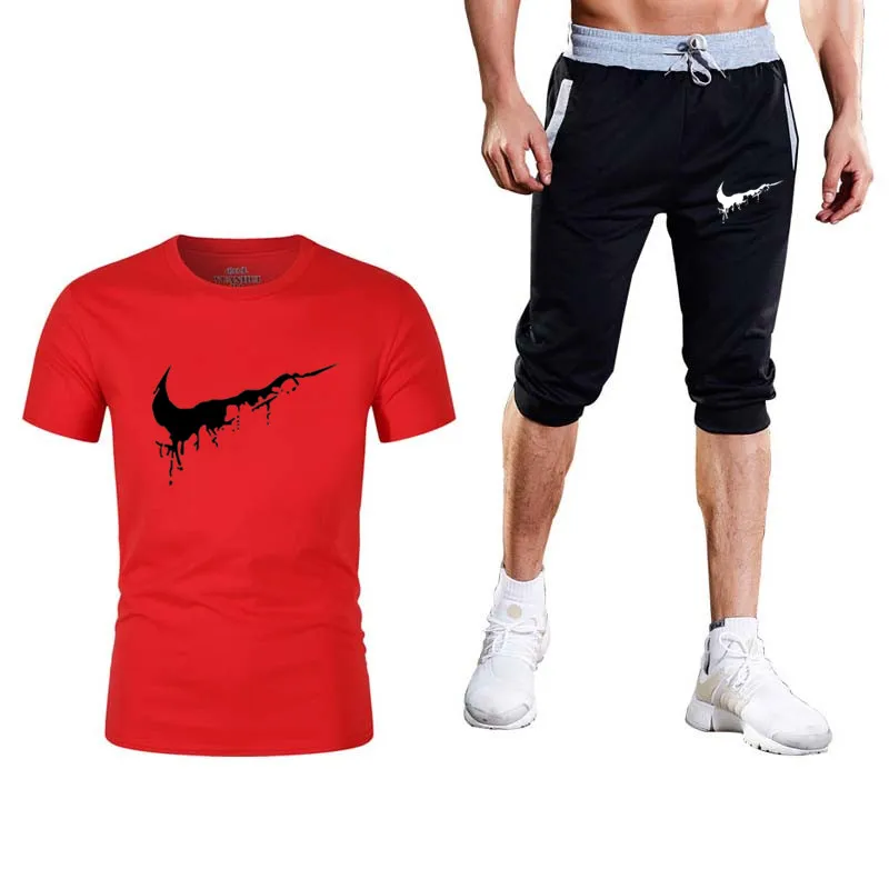 

High quality men's suit T-shirt + shorts men's brand clothing two-piece suit sportswear T-shirt gym exercise fitness suit