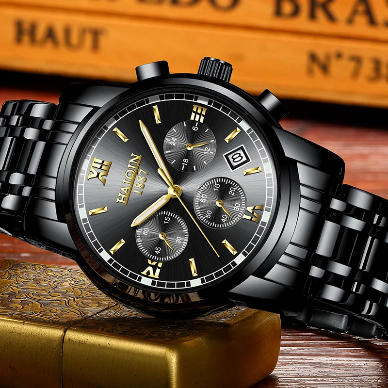 HAIQIN Stainless Steel Quartz Watches Men Luxury Brand Chronograph Business Wristwatch Waterproof Quartz Wristwatch Mens Clock