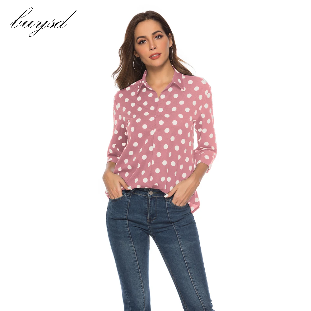 

BUYSD 2019 Summer women chiffon shirts Women's Printing Lapel Collar 3/4 Sleeve Office lady Casual women tops blouse Shirts