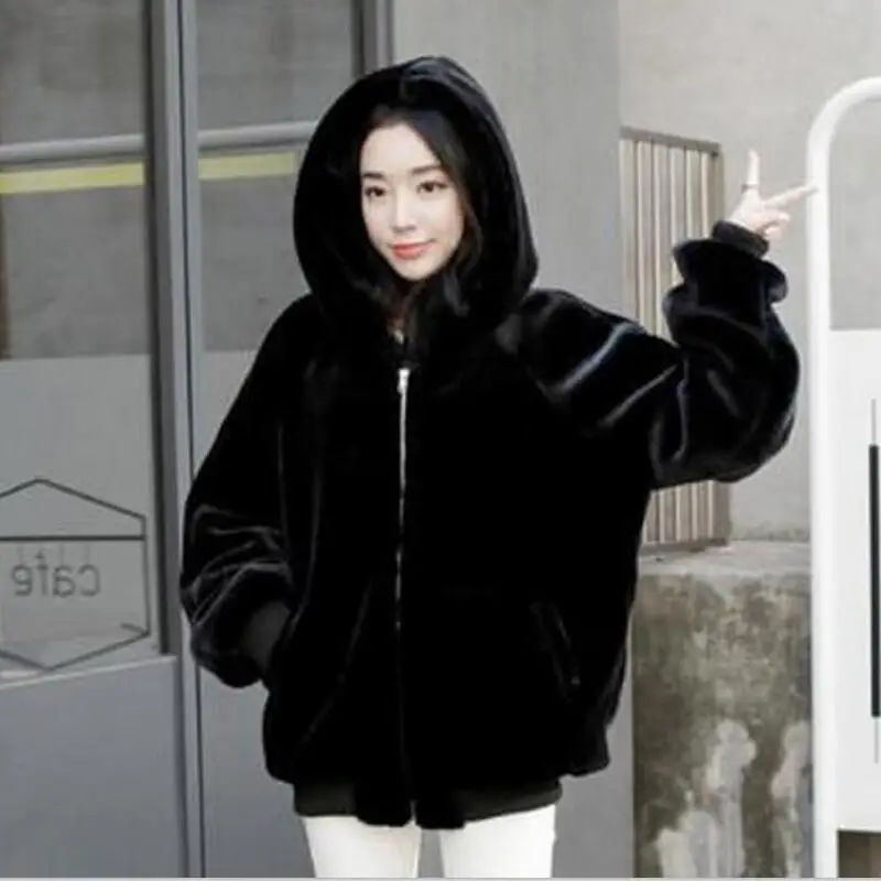 Новые зимние женские модные пальто из искусственной норки черные кожаные куртки на молнии с капюшоном для отдыха плотные теплые пальто больших размеров для девочек