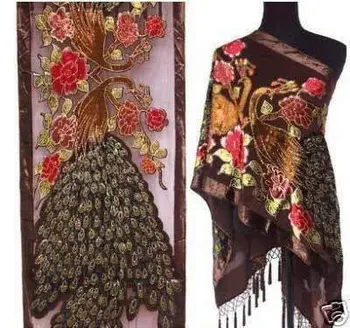 

Free Shipping Brown Female 100% Silk Pashmina Europe America New Velvet Tippet Embroidery Beaded Cape Oversize 175 x 54cm WS006