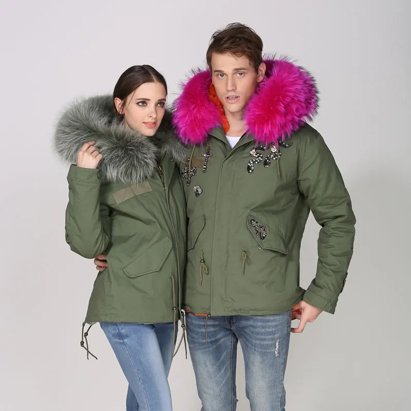 

Military green winter lovers short parka, colored fur lined unisex real animal fur collar jacket coat 2017
