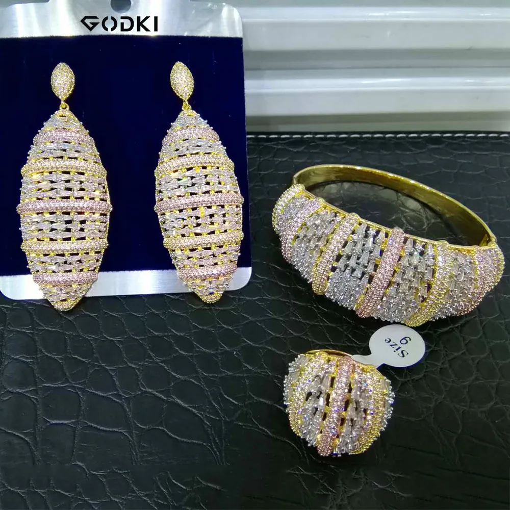 

GODKI New Luxury Geometric 3pcs Bangle Earring Ring Jewelry Sets For Women Wedding Cubic Zirconia Engagement Dubai Jewelry Sets