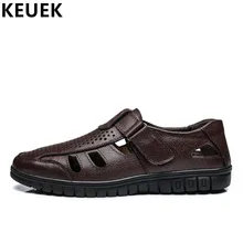 Летние мужские сандалии; дышащая модельная обувь из спилка с вырезами; мягкая удобная повседневная мужская обувь на липучке; цвет черный, коричневый; 01B