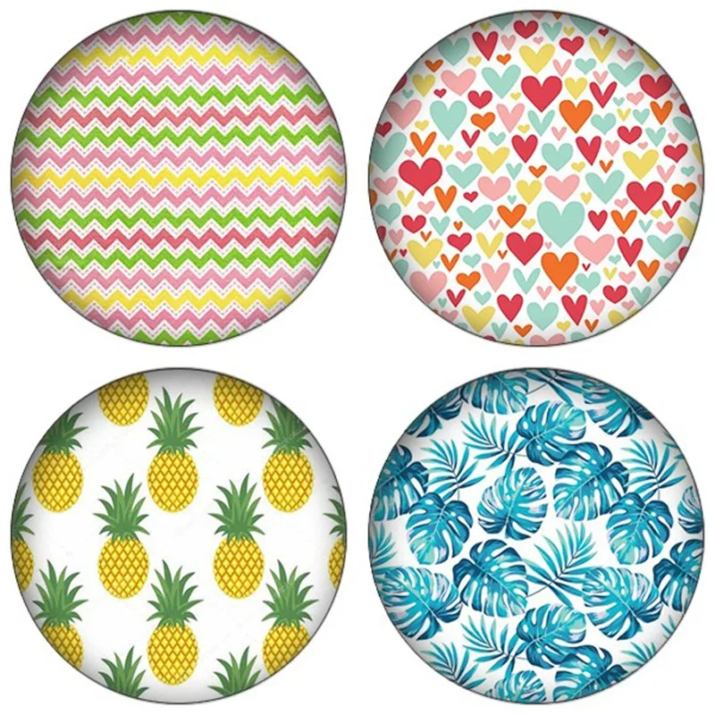 

ZDYING Beautiful Patterns Round Glass Cabochon Geometric Green Plants Fruit Pineapple Glass Dome Demo Flat Back Making Findings