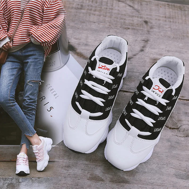 

2019 Fashion Women Vulcanized Shoes Female Wedge Sneakers Ladies Lace-up Casual Shoes Breathable Thick Bottom Walking Shoes