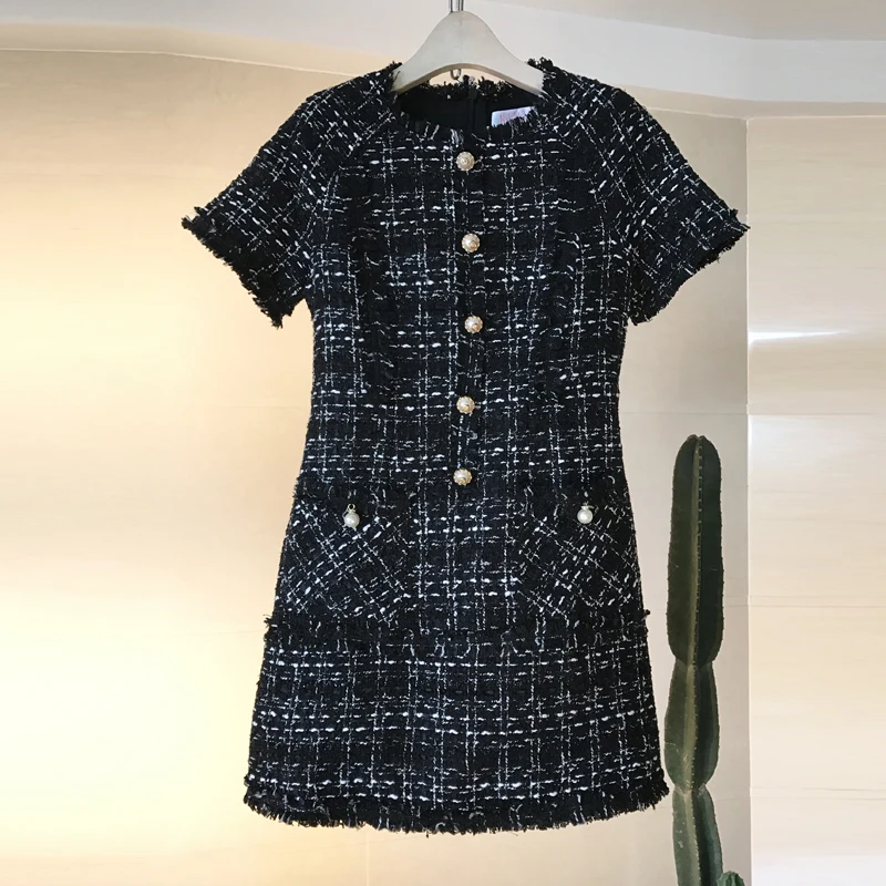 

HAMALIEL Newest Runway Designer Autumn Winter Dress Black Plaid Tweed Wool Tassel Single Breasted Casual Short Sleeve Dresses