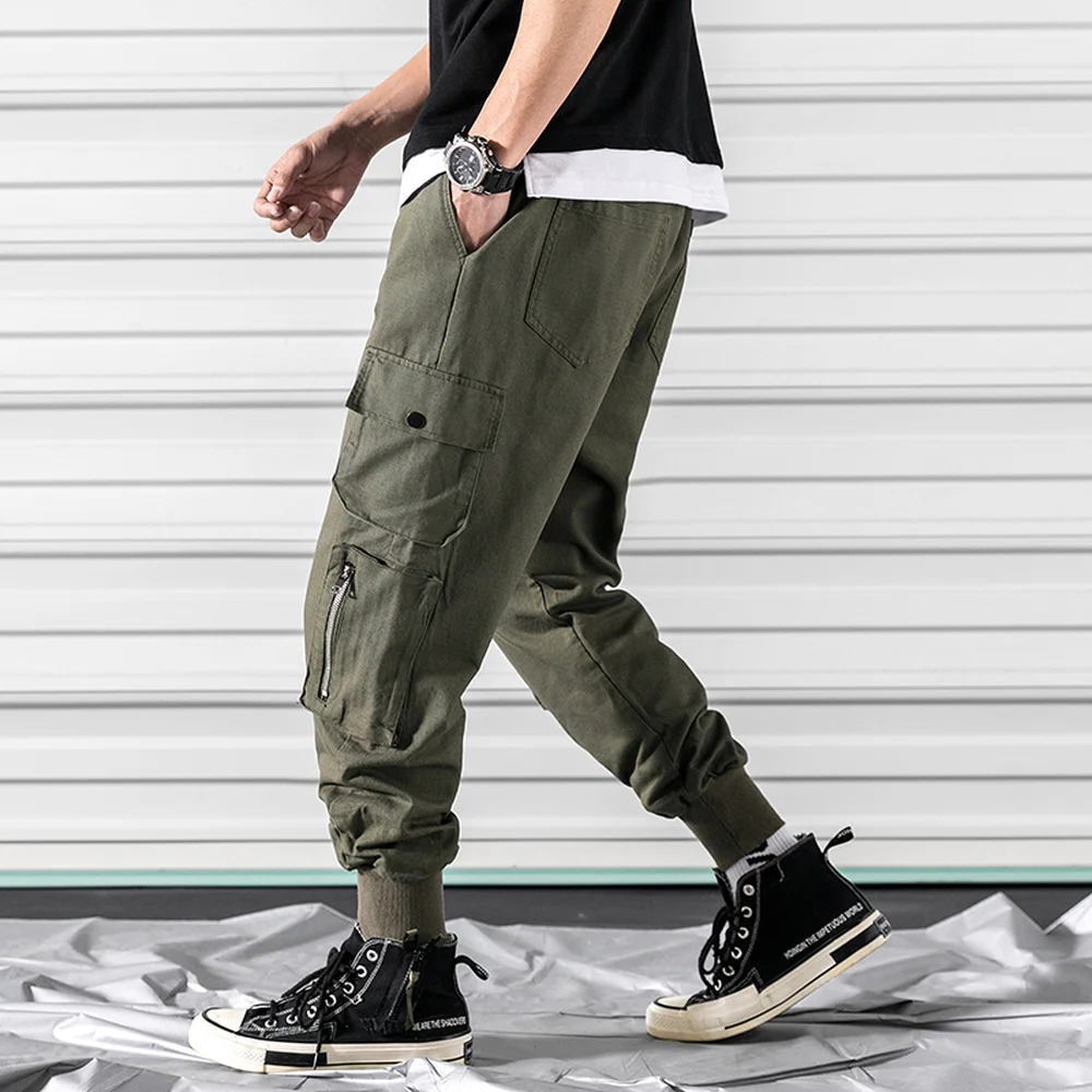 Solid Color Mens Pants Elastic Waist Multi-Pockets Harlan Hiphop Male Streetwear Cargo Trousers Comfortable Breathable