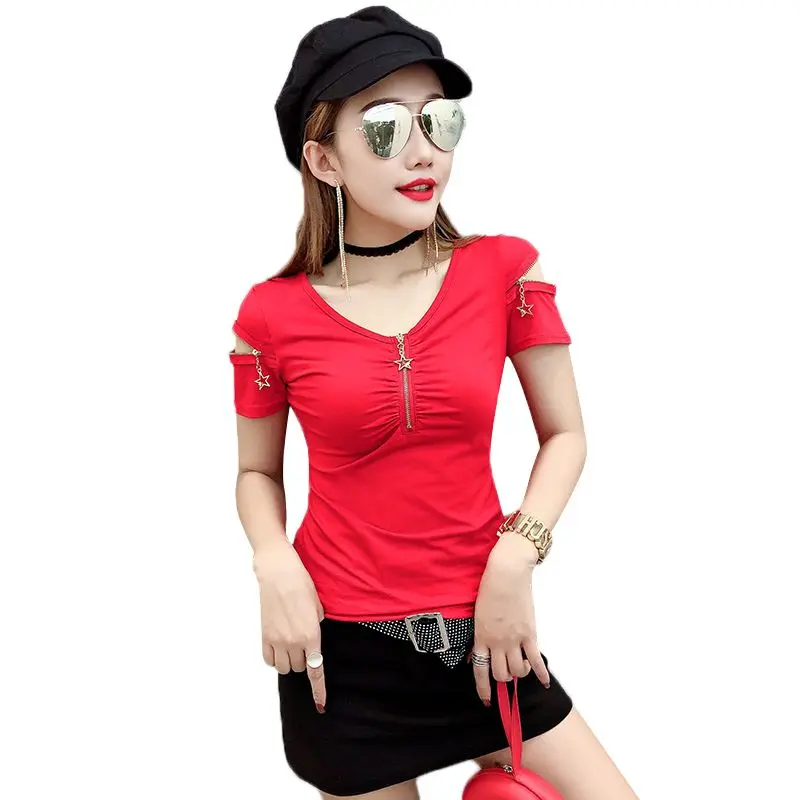 Модная Звезда на молнии тенниска с треугольным вырезом Новая Летняя женская с коротким рукавом Сексуальная Лоскутная открытая Топ рубашка Camiseta Mujer T94106L - Цвет: Red tshirt