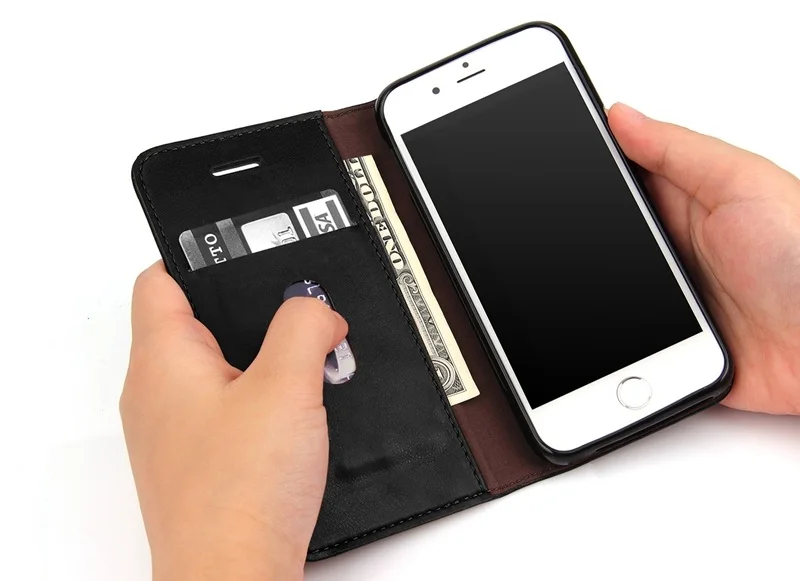 black genuine leather flip wallet phone case for iPhone 5 5s se capa luxury magnetic card smart cover