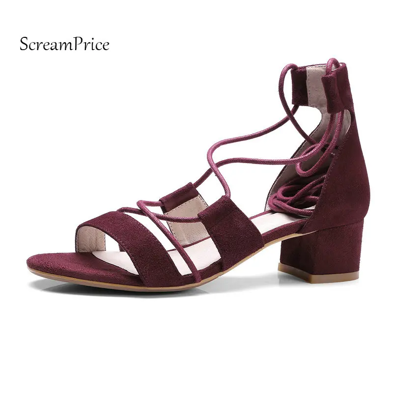 

2018 The New Gladiator Summer Woman Sandals Comfort Square Heel Open Toe High Heel Shoes Woman Black Wine Red