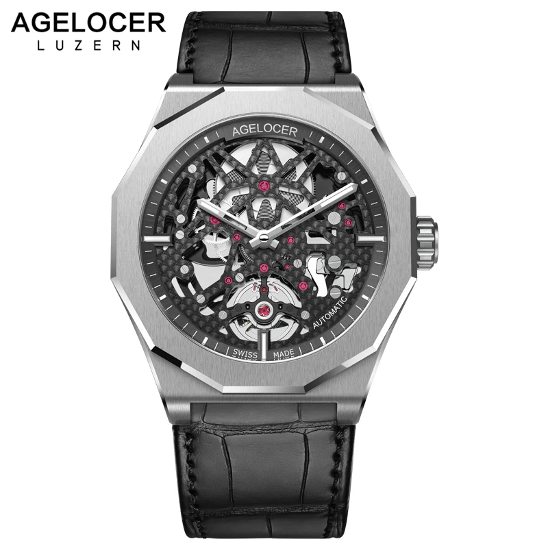 

Swiss Mechanical Skeleton Man Watch AGELOCER Men Sport Watches Luminous Power Reserve 80H 50M Diver Wristwatch Relogio Masculino