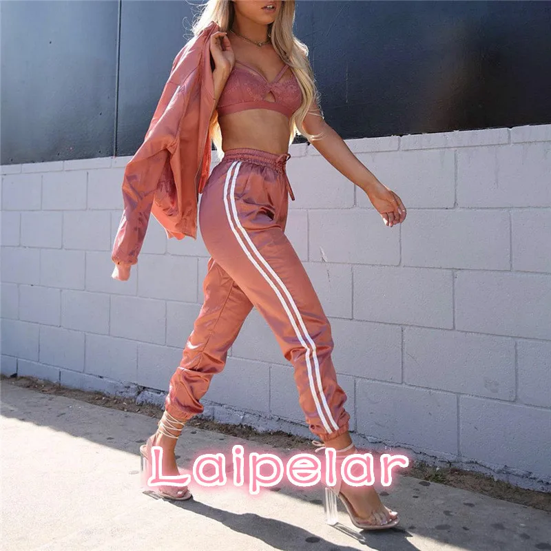 2018 Satin Tracksuit Women Spring Autumn Casual Two Piece Set (Zipper Jacket+Long Pants) Pink/Blue Female Pant Suit D35-AE-72 Women's Sets