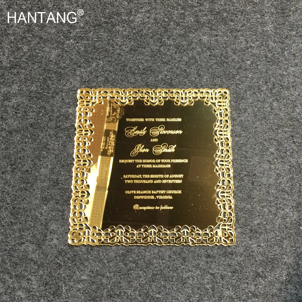  Romantic Luxury 150x150mm Square Shape Hollow Out Pattern Golden Mirror Acrylic Wedding Invitations - 32826509602