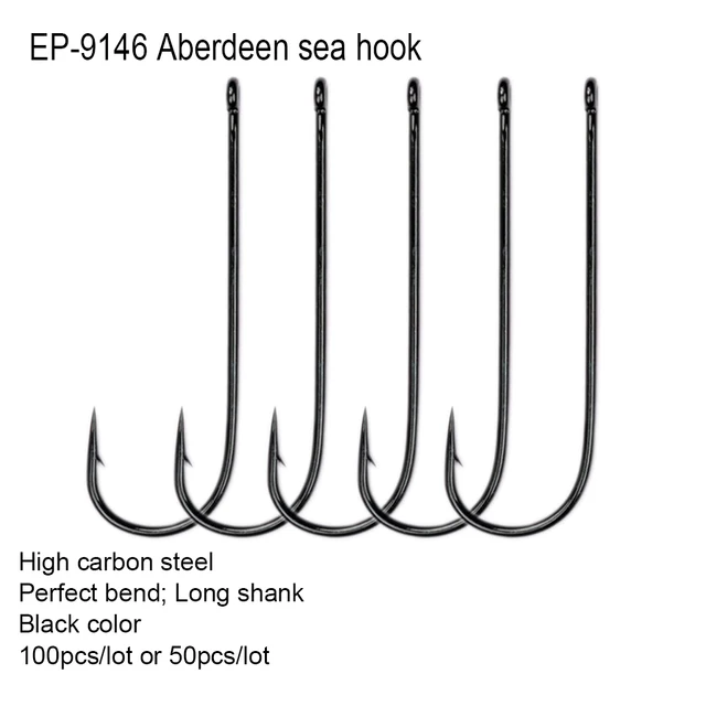 US $4.06 Eupheng 100pcs Or 50pcs EP-9146 Aberdeen Sea Long Shank Sports Fishing Hook Black Color Fish Hooks 