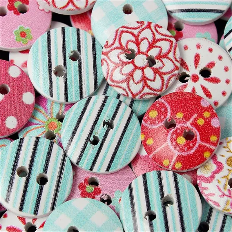 Wholesale 100Pcs 2 Holes Buttons Mixed Printing Round Pattern Wood Buttons Scrapbooking 15mm DIY Sewing Buttons Home Decor Tools (3)