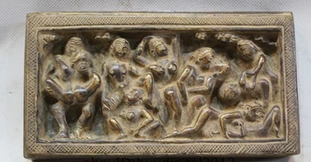 

7"Old Tibet Purple Bronze Carving Men Women Chun Gong Tu Statue