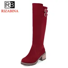 RizaBina 4 Colors Women High Heel Boots Metal Buckle Knee Boots Warm Fur Shoes For Cold