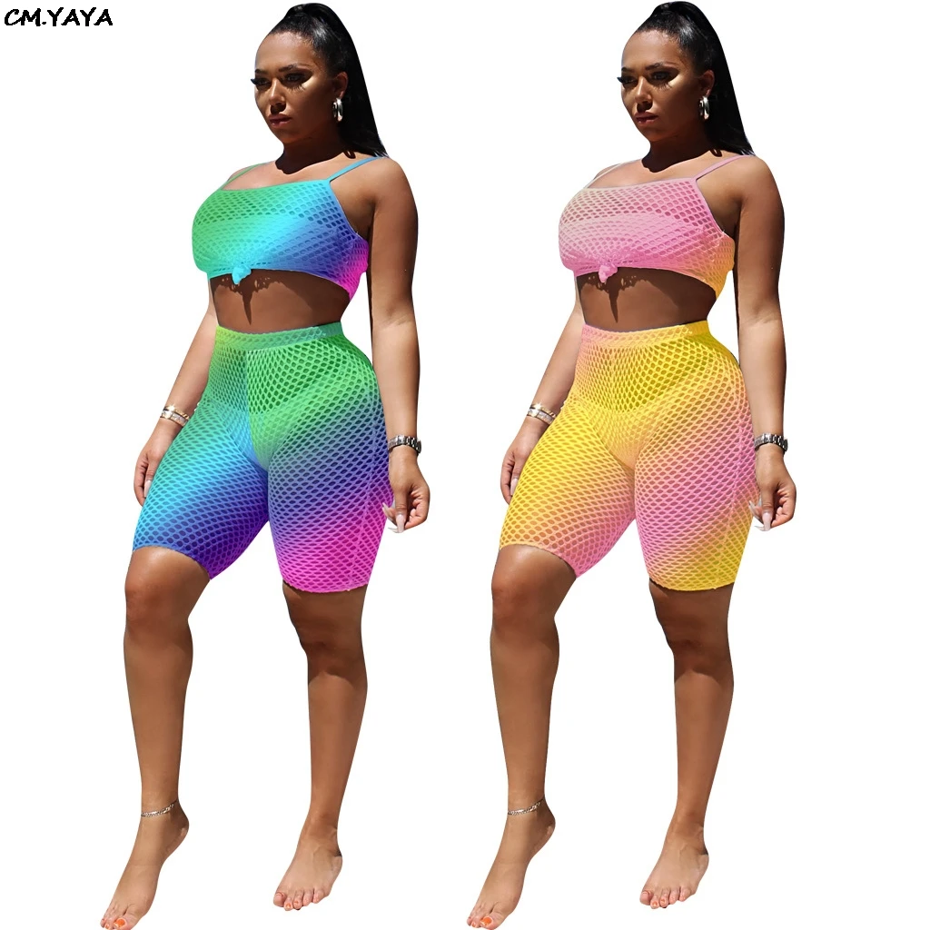 

2019 women summer gauze grid see though tie dye print tank top knee length pants suit two piece set sporty tracksuit GLQM3744
