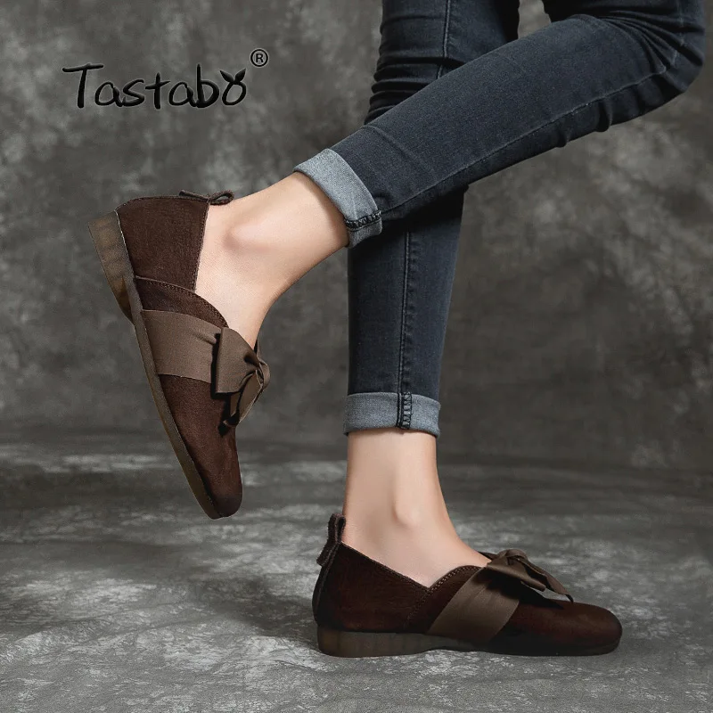 Taguabo/ г. женская обувь из натуральной кожи дизайнерские туфли на плоской подошве с бантом Повседневная обувь для вождения на мягкой подошве коричневого, желтого и коричневого цветов, S3319, Размеры 35-40