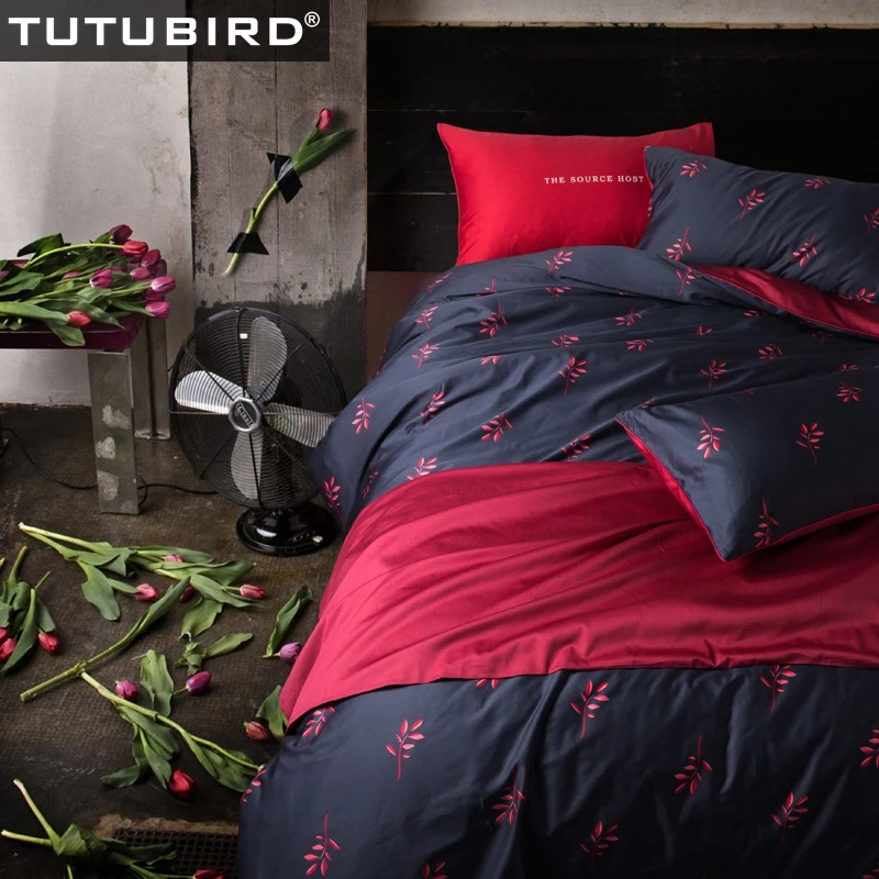 

Luxury Egyptian cotton bedding set blue red leaf print passtoral girls pure soft Satin duvet cover bedspread queen size