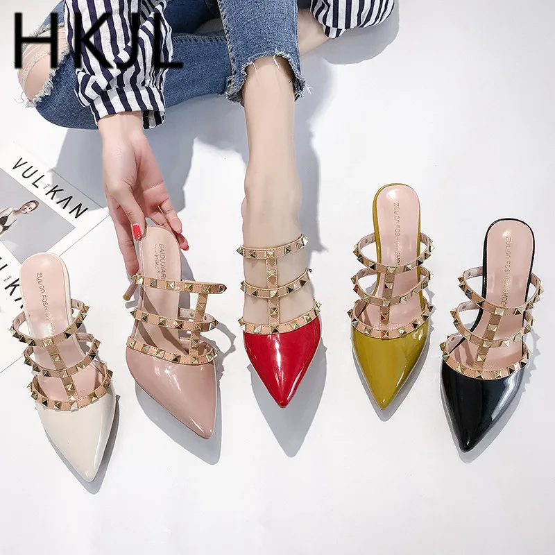 

HKJL Spring/summer 2019 new European and American fashion high heel slippers with pointed rivet thin heel slippers ladies A156