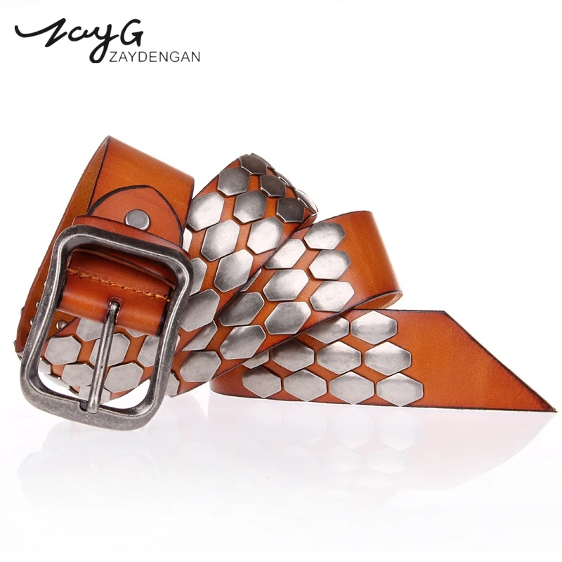 

ZAYG Fashion Punk Women and Men Leather Belt Brass Pin Buckles Belt Vintage Personality Metal Rivet Jeans Hip Hop Gothic Belt
