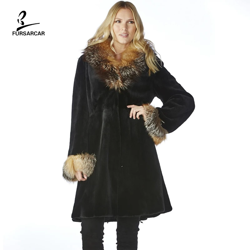 

FURSARCAR Luxury Fashion Women Real Mink Fur Winter Coat With Raccoon Fur Collar and Cuff For Female Genuine Natural Fur Jacket