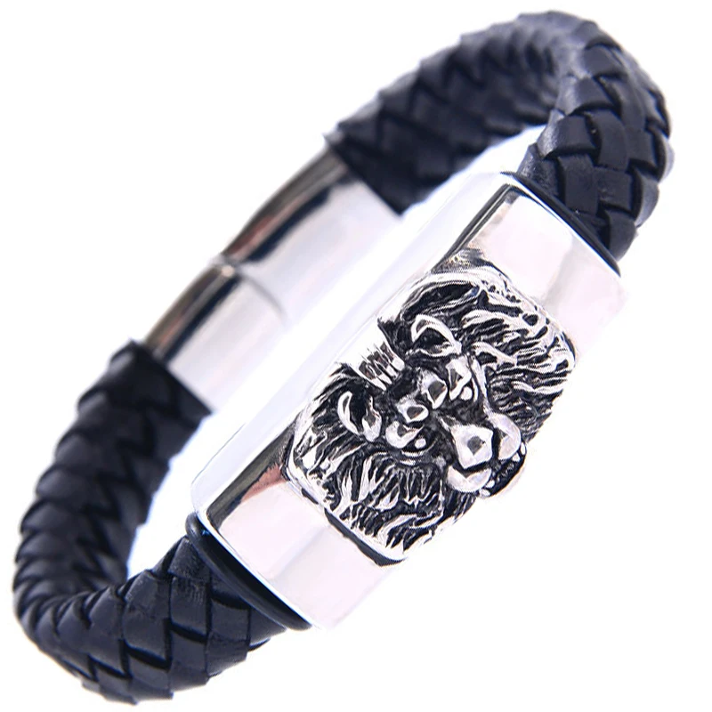 

2017 New Lion Head Leather Magnet Genuine Leather bracele Cowhide Rope Charm Style Bracelets for Women Men Stainless Steel