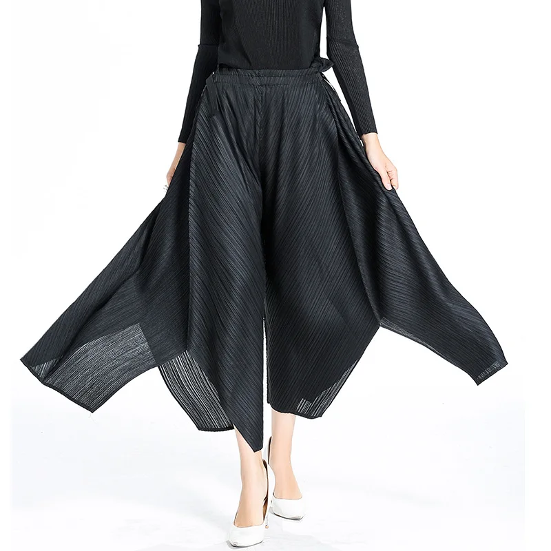 Wide leg pants female nine pants waist with belt fold pants free shipping