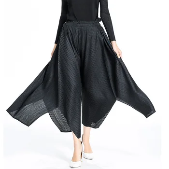 

Wide Leg Pants Female Nine Pants Waist with Belt Fold Pants